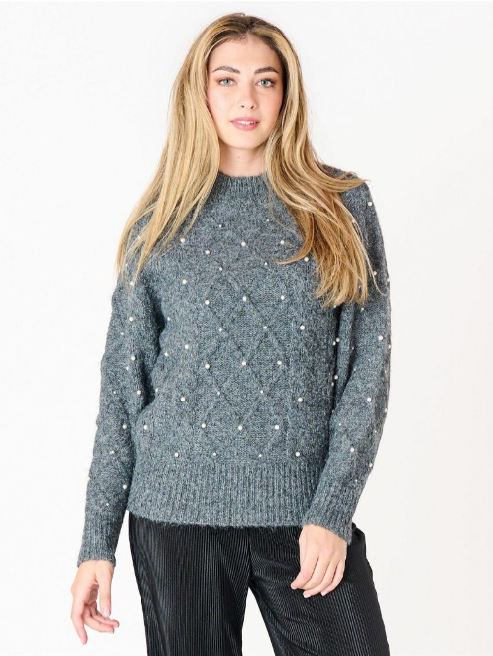 Pearl-Trim Heather Gray Crewneck Sweater - Women